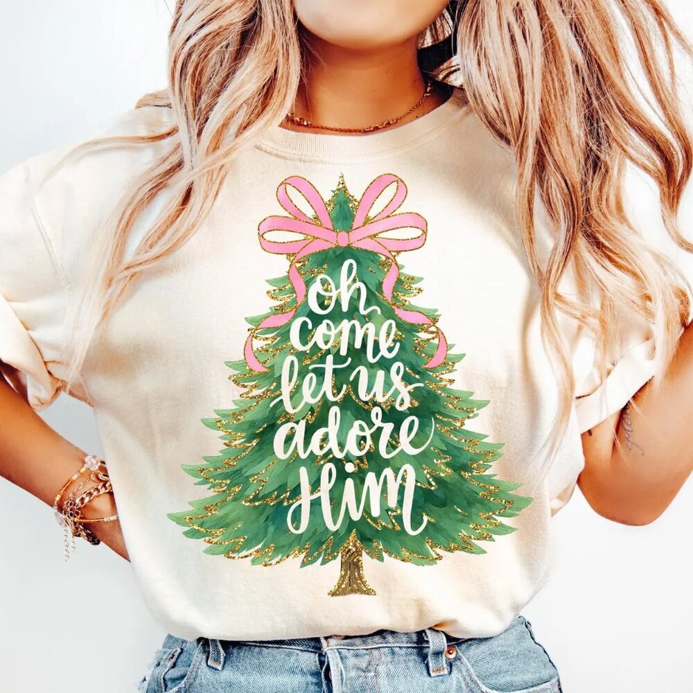 Christmas Tree Comfort Colors Tee with Coquette Bow and Oh Come Let Us Adore 05